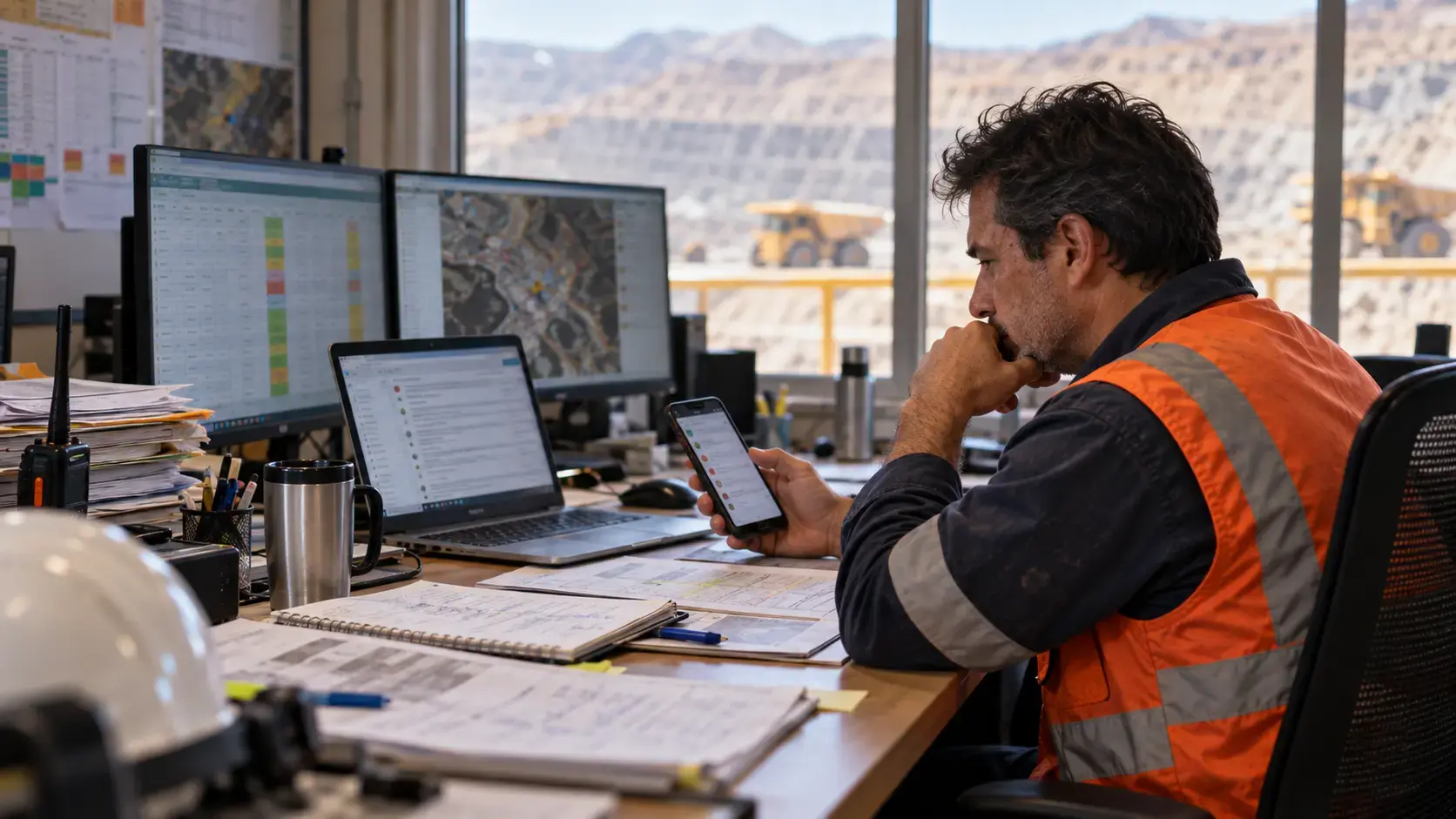 Supervisor en una oficina de faena revisa el celular frente a monitores con planillas y mapas, con camiones mineros de fondo